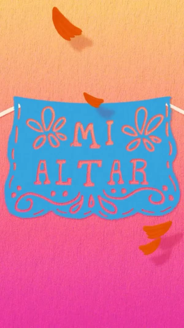 Papel picado azul con la frase Mi Altar para Día de Muertos
